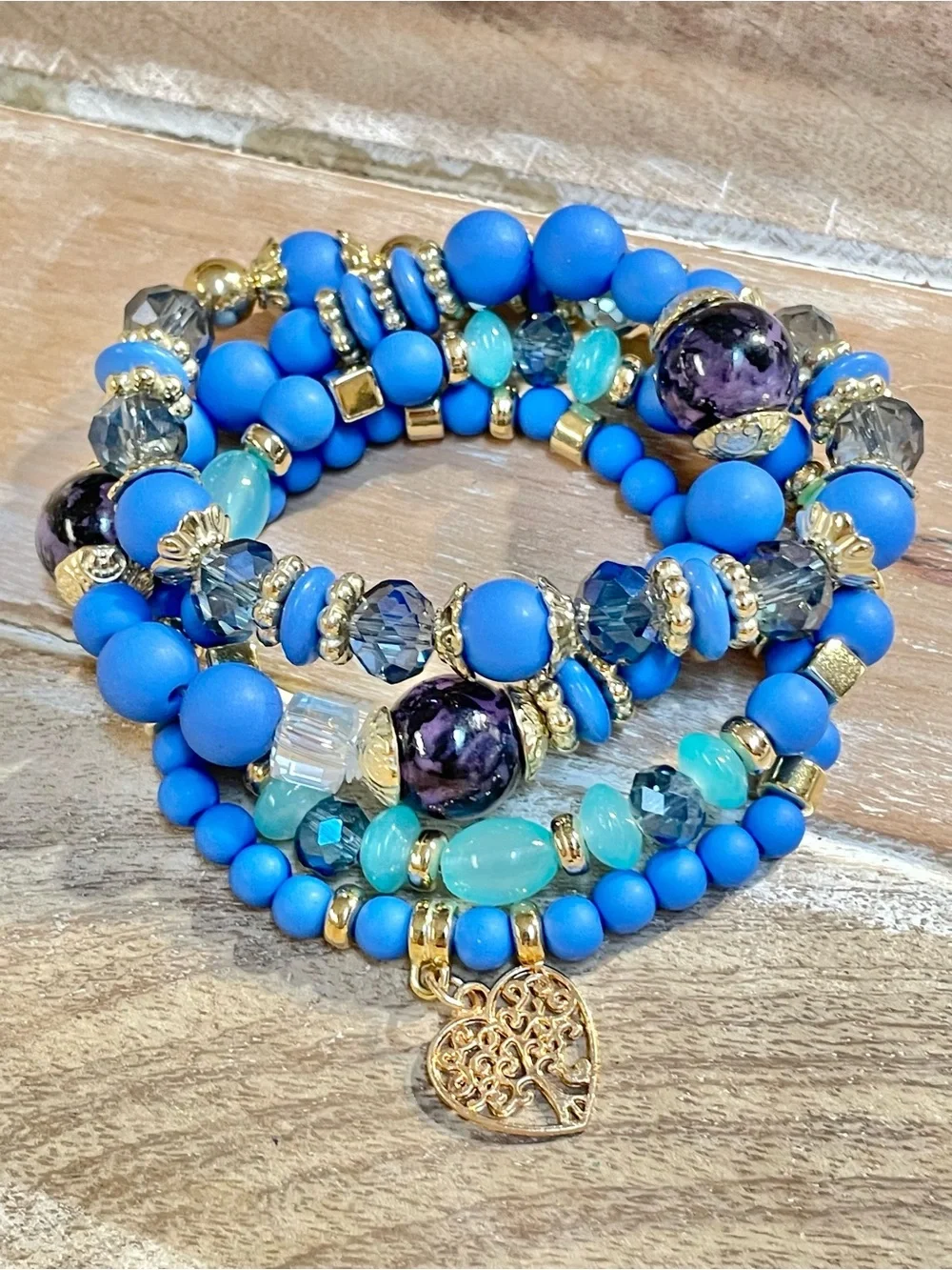 Stackable Blue and Aqua Beaded Bracelet Set with Gold Heart Charm